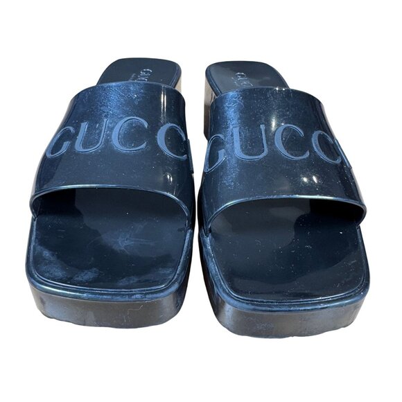 Gucci Rubber Logo Sandals Black PVC Glossy Mule Platform Slide Size 37 - Picture 3 of 10